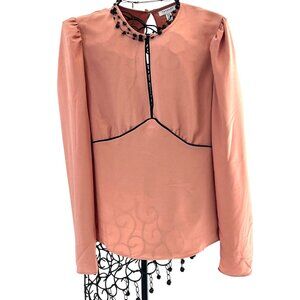 Topshop Womens Blush Peach Long Sleeve Blouse W/Black Trim Neckline Size L